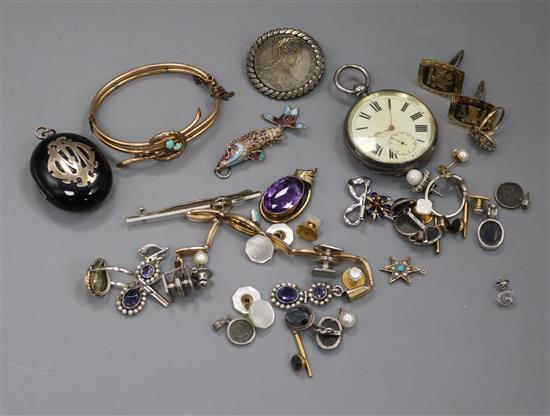 A group of assorted jewellery including, pendants earrings, cufflinks, fish pendant etc. and a silver pocket watch.